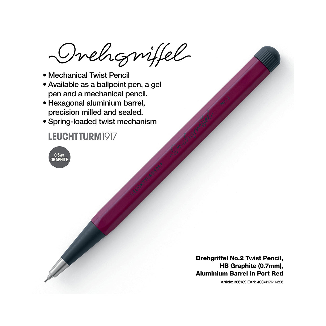 LEUCHTTURM1917 0.7mm Mechanical Clutch Pencil | Graphite HB Lead | Drehgriffel No. 2 | Port Red | Twist Mechanism