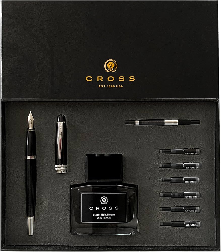 Cross |Bailey |Black Lacquer |Fountain Pen w/Chrome Appointments Gift Set| - Medium Nib