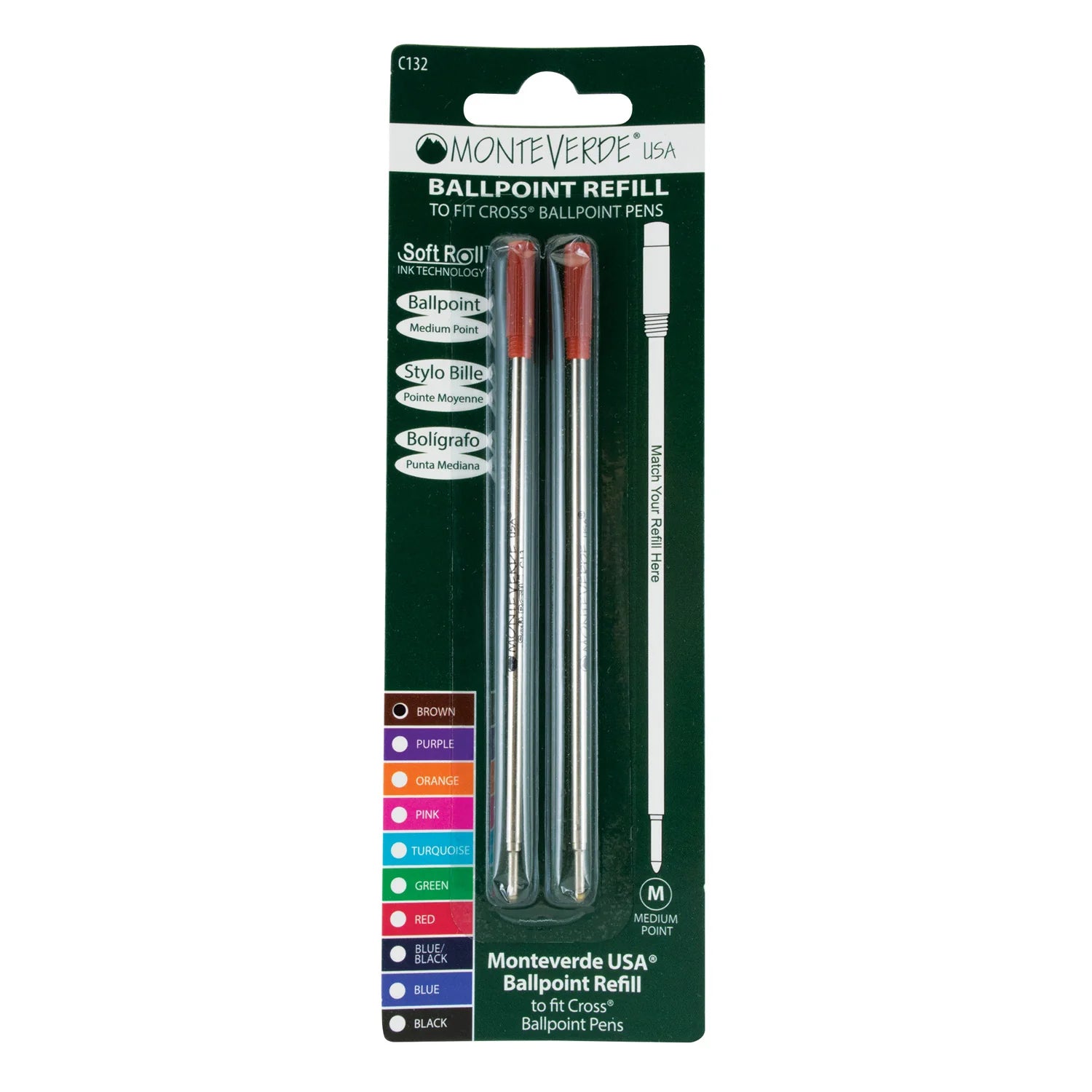 Monteverde | Ball Pen Refill | For Cross | - Brown (Medium) (Pack Of 2)