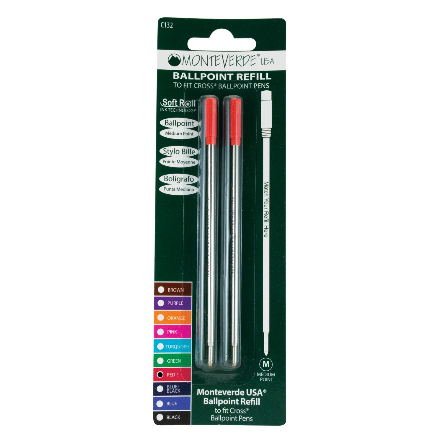 Monteverde | Ball Pen Refill | For Cross | - Red (Medium) (Pack Of 2)
