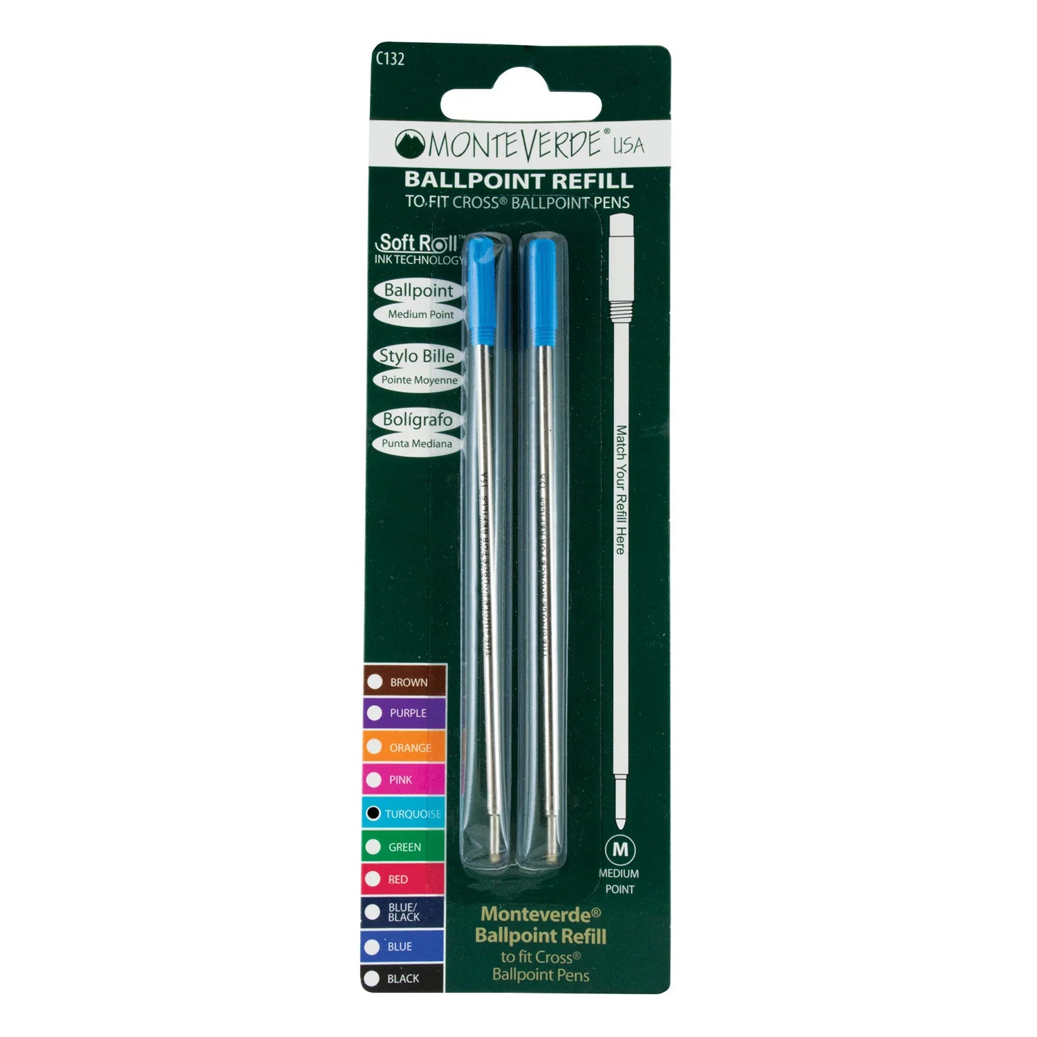 Monteverde | Ball Pen Refill | For Cross | - Turquoise (Medium) (Pack Of 2)