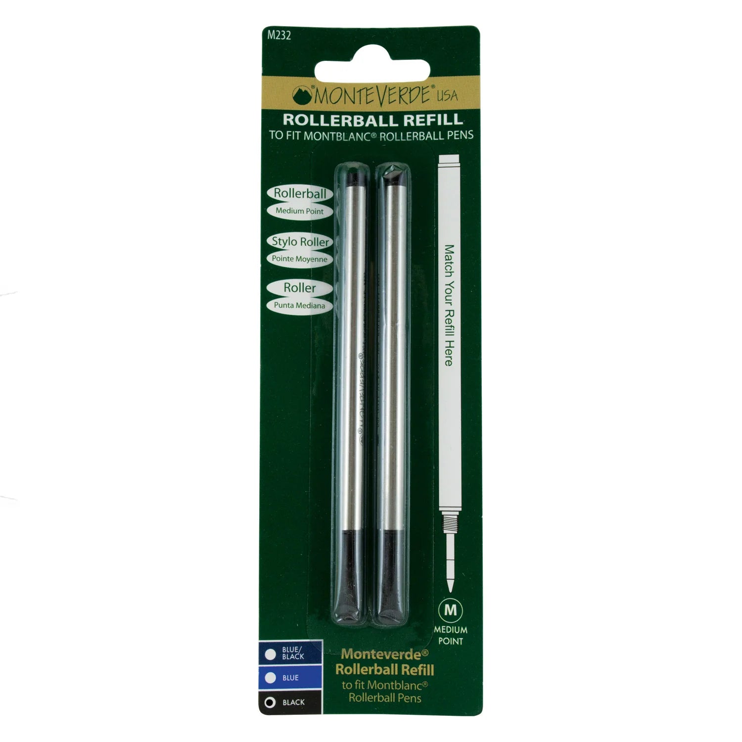 Monteverde | Roller Ball Pen Refill | For Mont Blanc | - Black (Medium) (Pack Of 2)