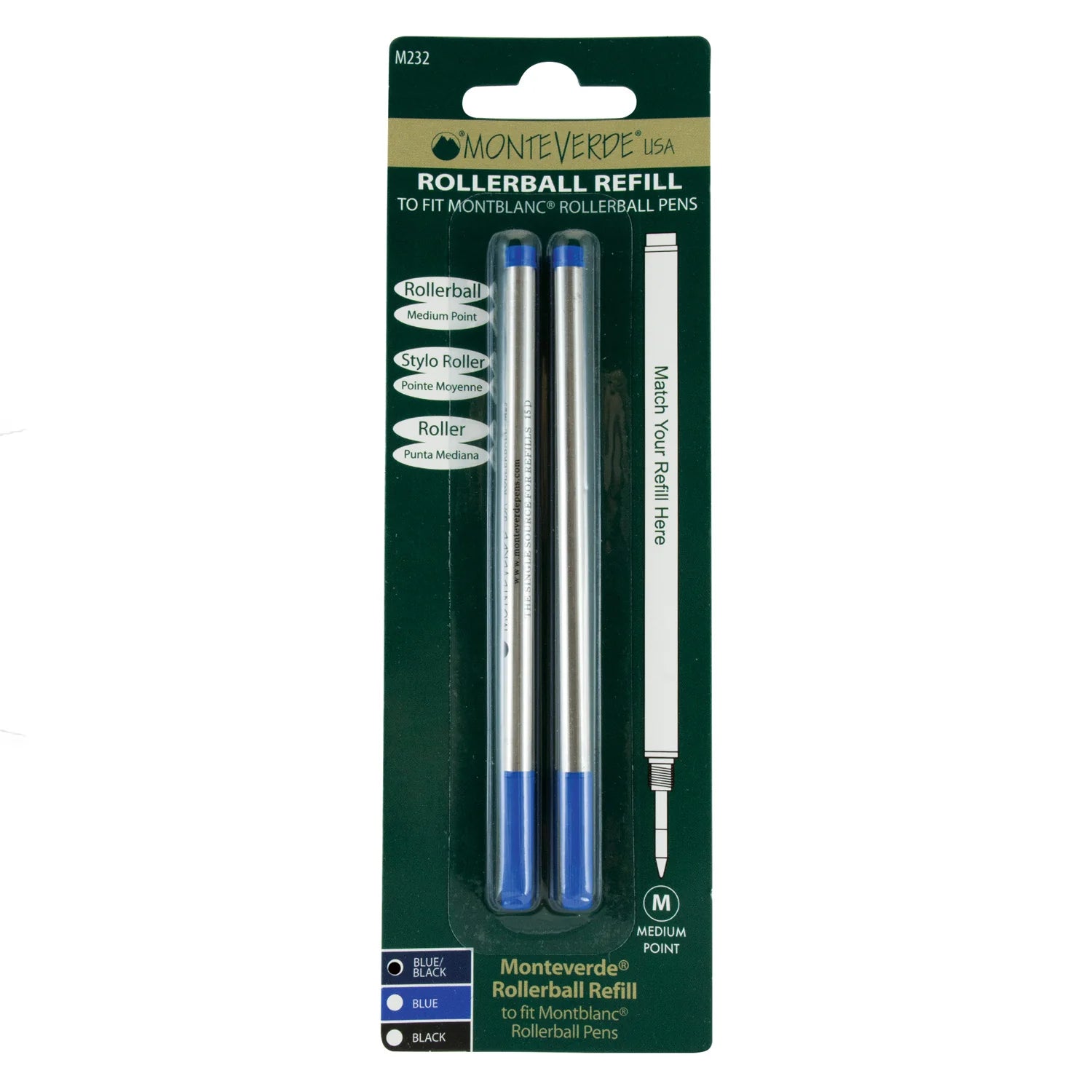 Monteverde | Roller Ball Pen Refill | For Mont Blanc | - Blue/Black (Medium) (Pack Of 2)