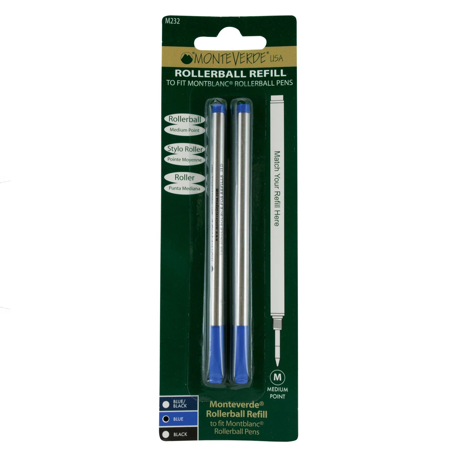 Monteverde | Roller Ball Pen Refill | For Mont Blanc | - Blue (Medium) (Pack Of 2)