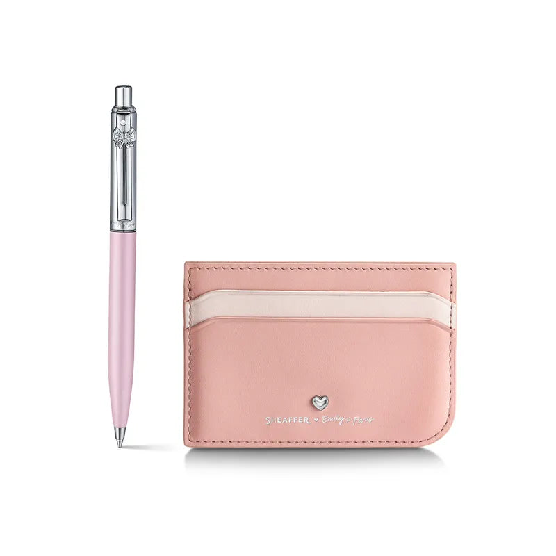 Sheaffer |Emily in Paris Sentinel 321 |Pink Matte Finish Ballpoint Pen |with Chrome Trims and Full-Grain Leather Credit Card Holder Gift Set