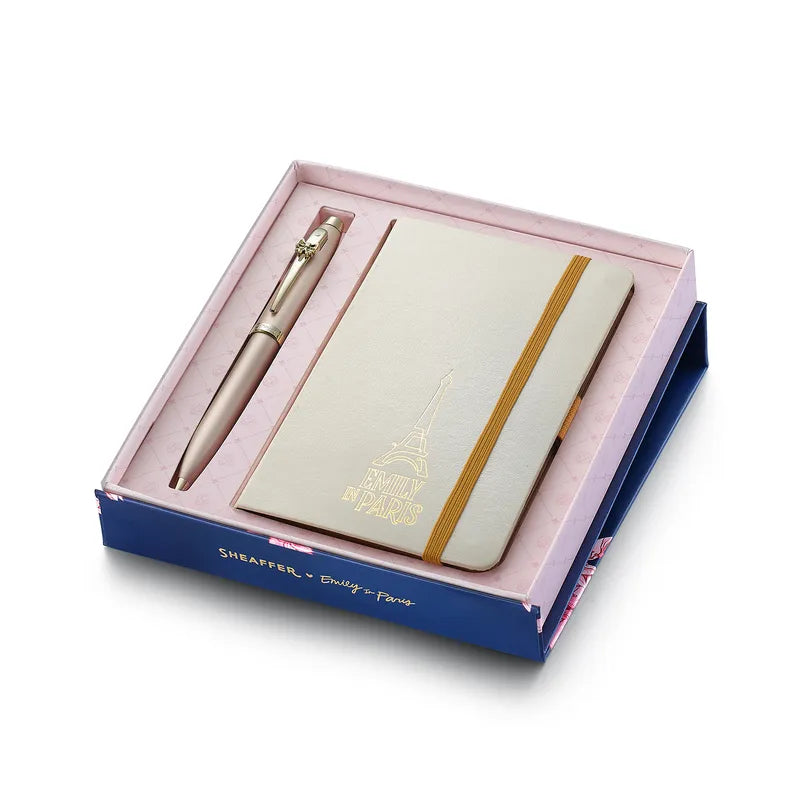 Sheaffer 100 |Emily in Paris |9377 |Champagne Gold Ballpoint Pen |with Champagne Gold Trim and Hardbound Small Notebook Gift Set