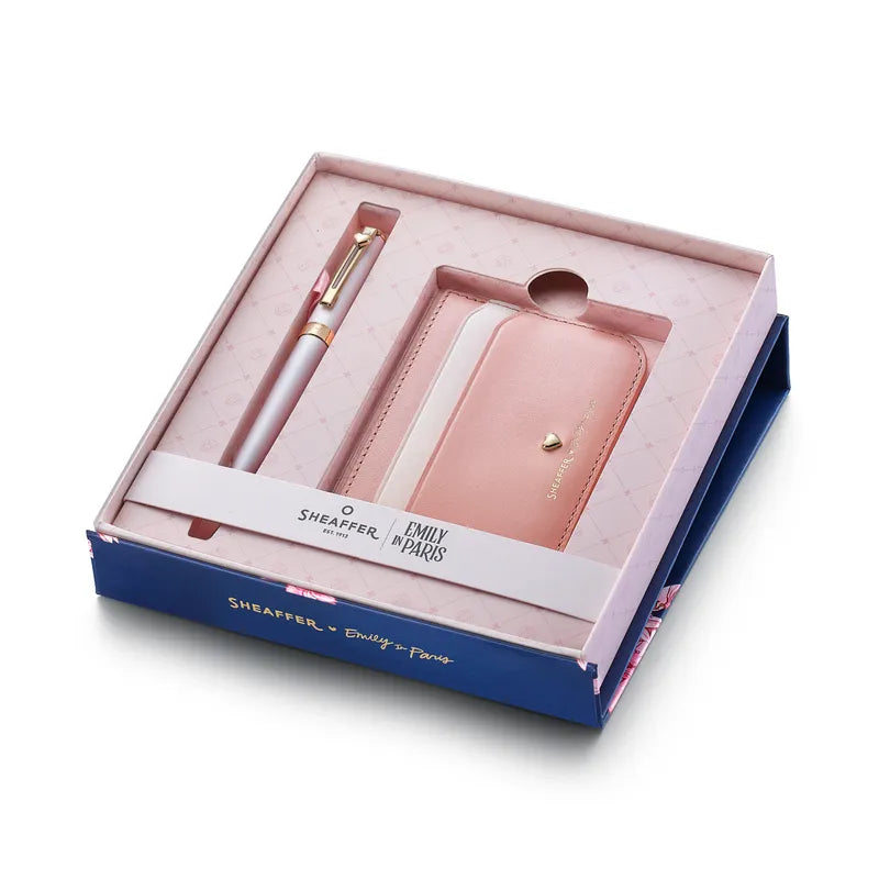 Sheaffer |Emily in Paris |Prelude Mini 9810 |Pastel Pink Ballpoint Pen with Swarovski Crystal |and Full-Grain Leather Credit Card Holder Gift Set