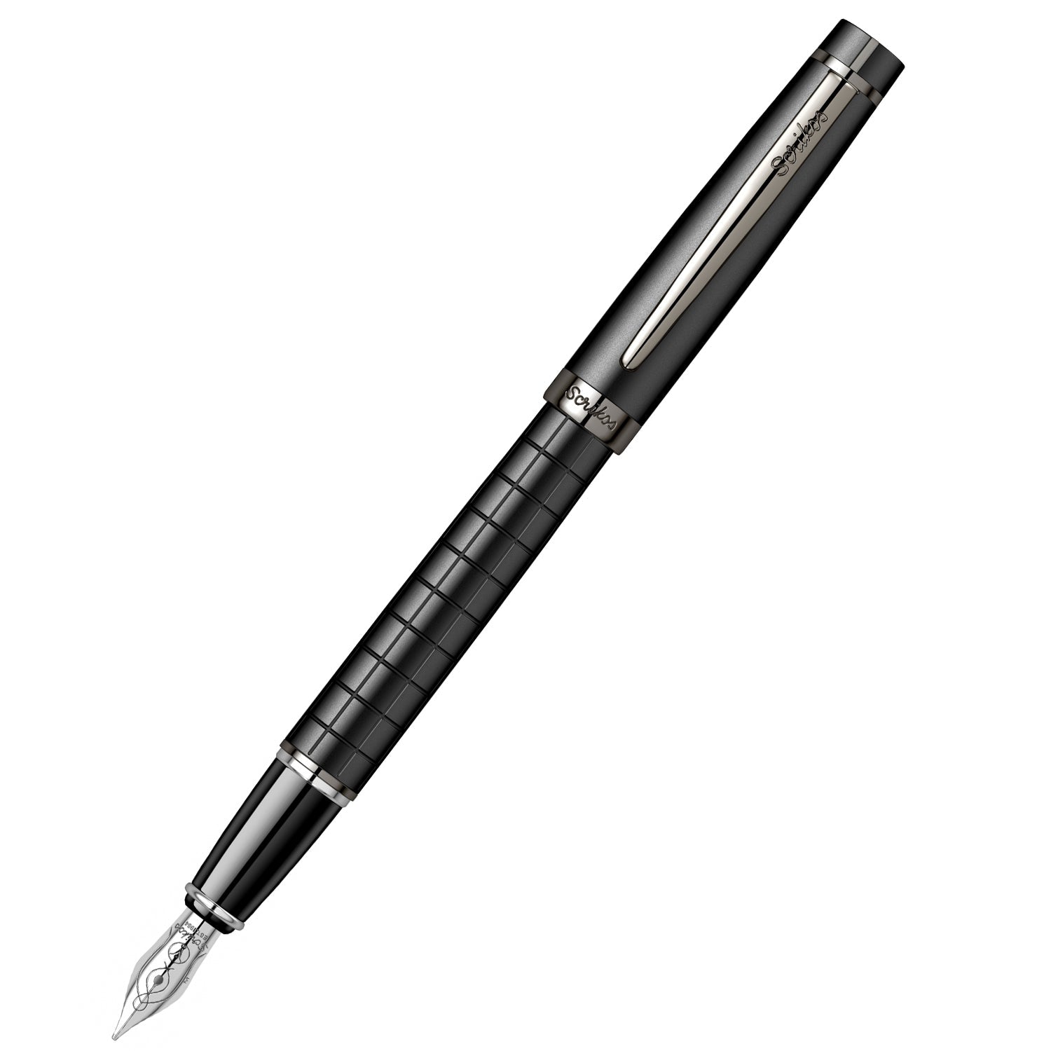 Scrikss Honour 38 Matt Black Fountain Ink Pen, Medium Nib, Gun Metal Plated Trims, Body & Grip Coated With Multiple Layers Of Black Lacquer, Barrel Etched With Checks Pattern