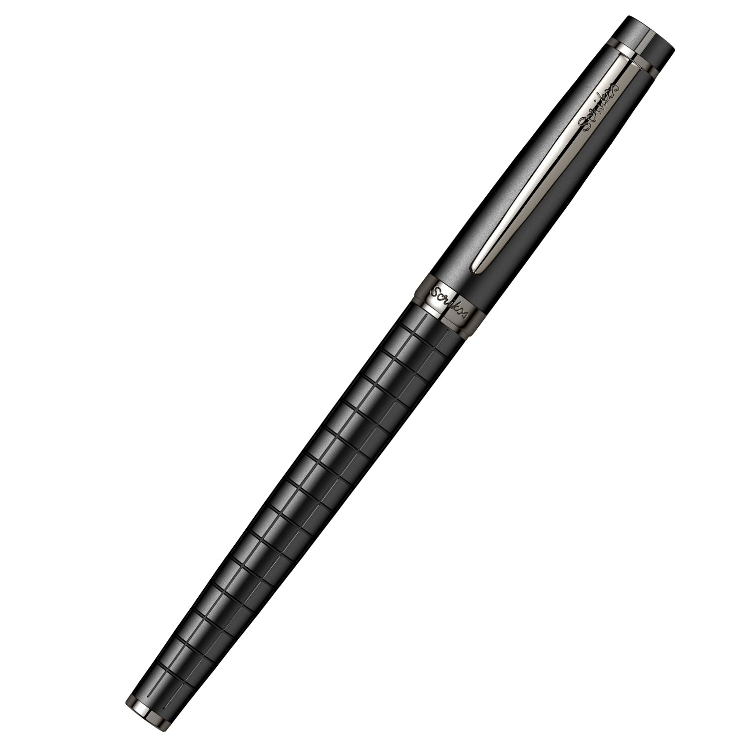 Scrikss Honour 38 Matt Black Fountain Ink Pen, Medium Nib, Gun Metal Plated Trims, Body & Grip Coated With Multiple Layers Of Black Lacquer, Barrel Etched With Checks Pattern