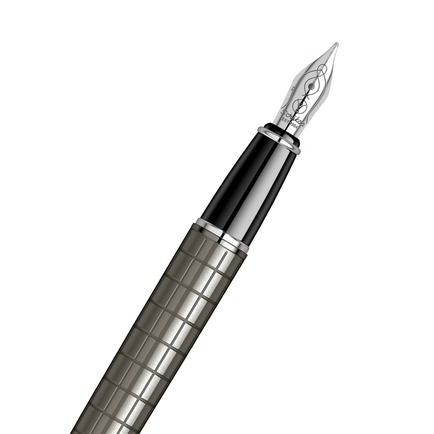 Scrikss Honour 38 Carbon Gray Medium Nib Fountain Ink Pen With Gun Metal Plated Trims, Body Plated Grey Lacquer, Barrel Etched With Checks Pattern, Pen