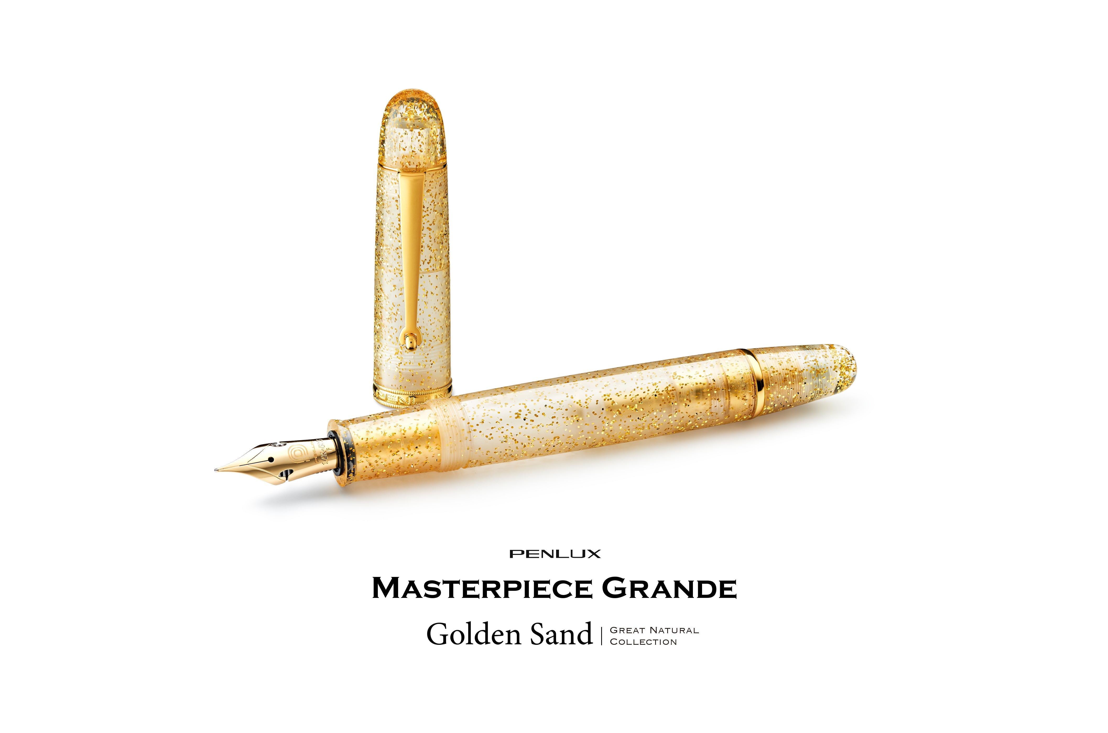 Penlux Masterpiece Grande Great Natural Fountain Ink Pen | Golden Sand (Clear) Body Gold Trims | Piston Filling | No. 6 Jowo Nibs