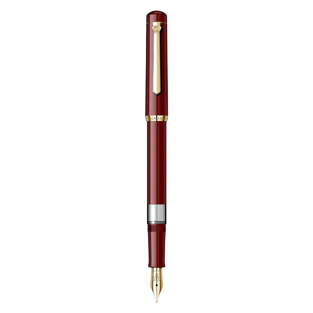 Scrikss Legendary 419 Classic Fountain Pen with Piston Ink Filling System, Gold Plated Iridium Nib, Gold Plated - Ring, Clip, Nozzle And Scratch Resistant Acrylic Burgundy Barrel