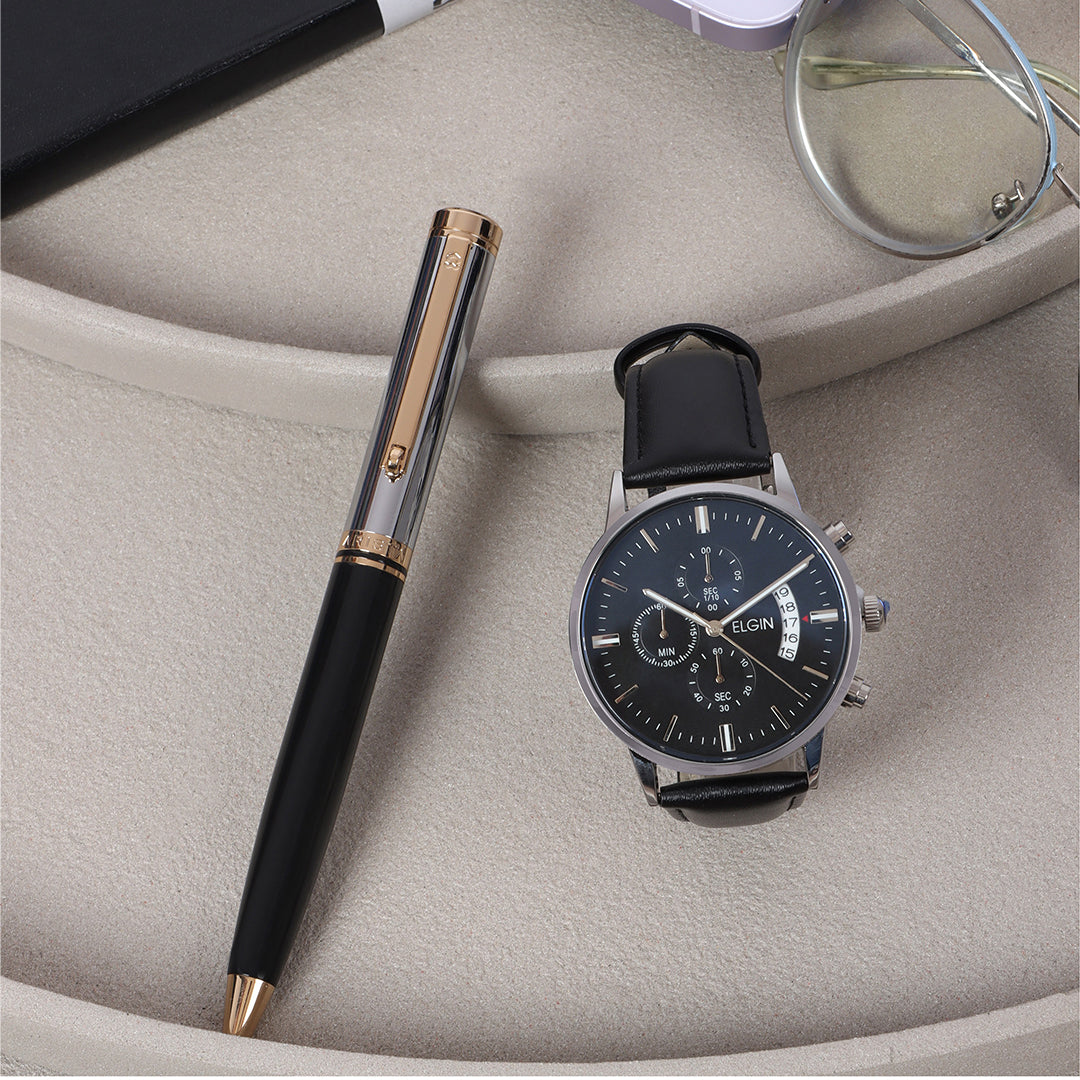 Arista | Ballpoint Pen | - Black Barrel Chrome Cap (With Elgin Watch)