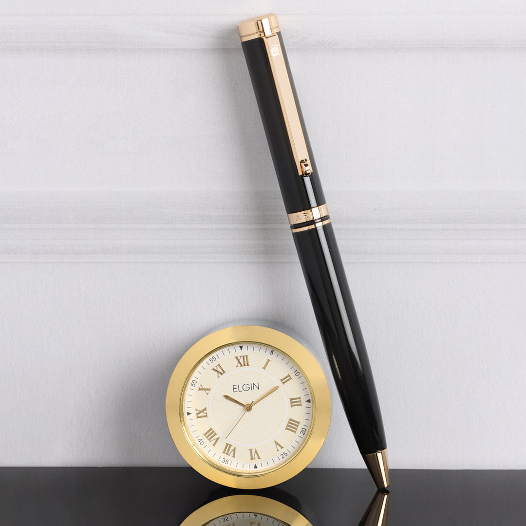 Arista | Ballpoint Pen | - Black GT (With Gold Chrome Table Clock)