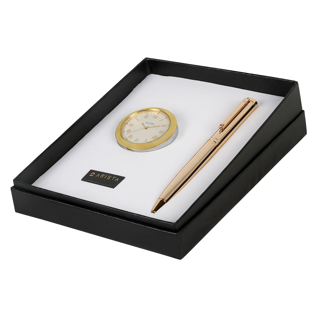 Arista | Ballpoint Pen | - Full Gold (With Gold Table Clock With Pencil Mechanism)
