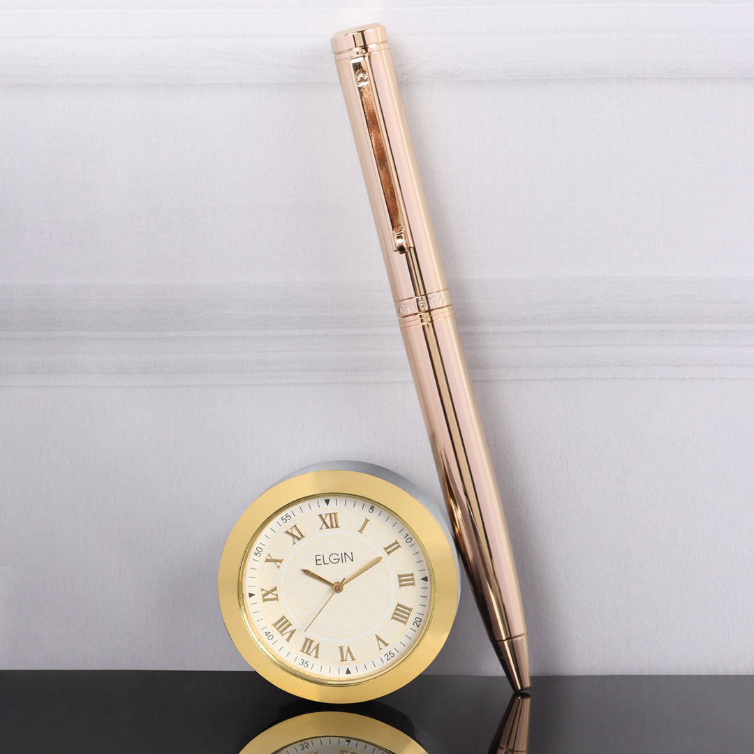 Arista | Ballpoint Pen | - Full Gold (With Gold Table Clock With Pencil Mechanism)