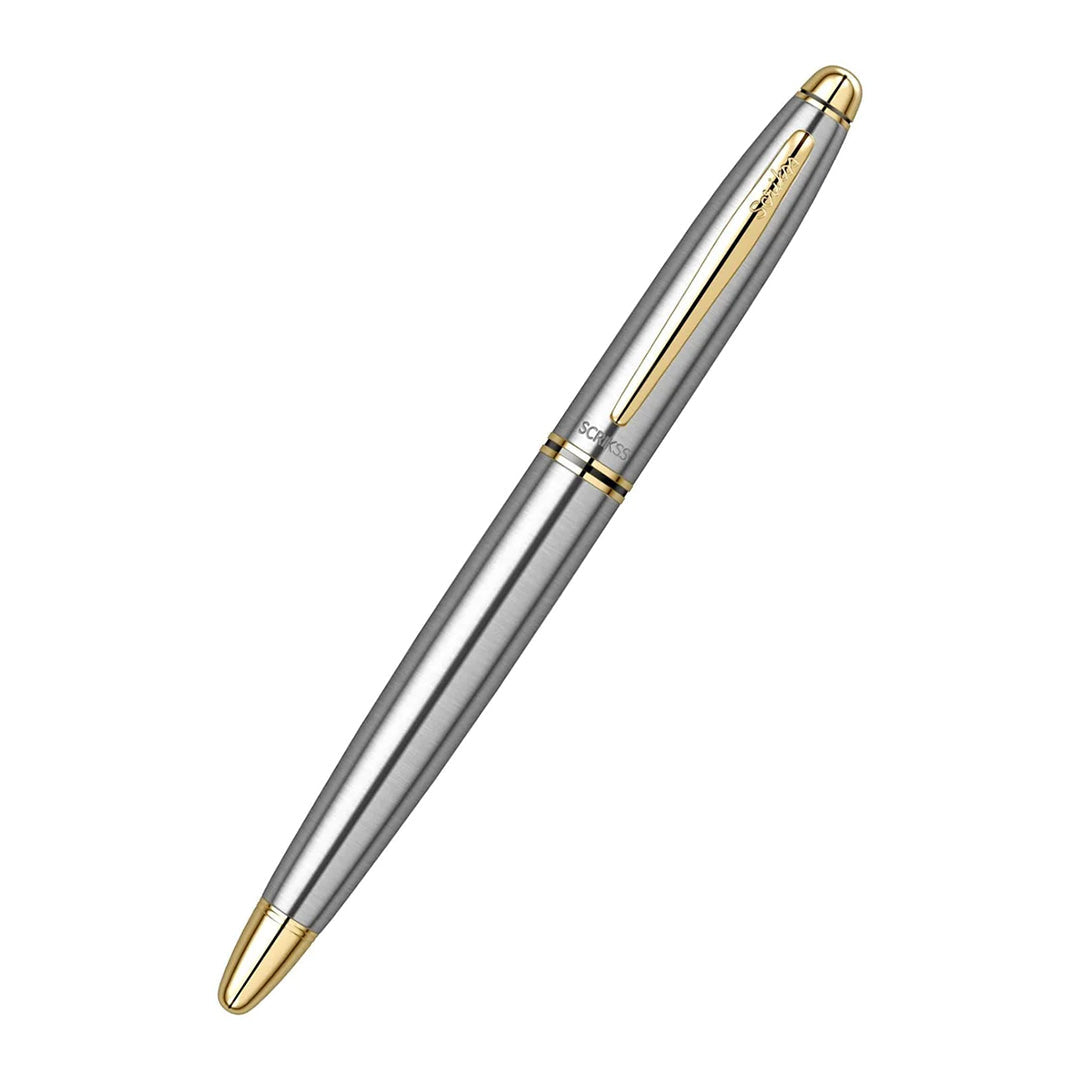 Scrikss Knight 88 Satin SS Fountain Ink Pen With Medium Size Nib, Satin Stainless Steel Cap, Gold Trims, Mounted Converter, Smooth Writing Office Corporate Gifting Professionals Students
