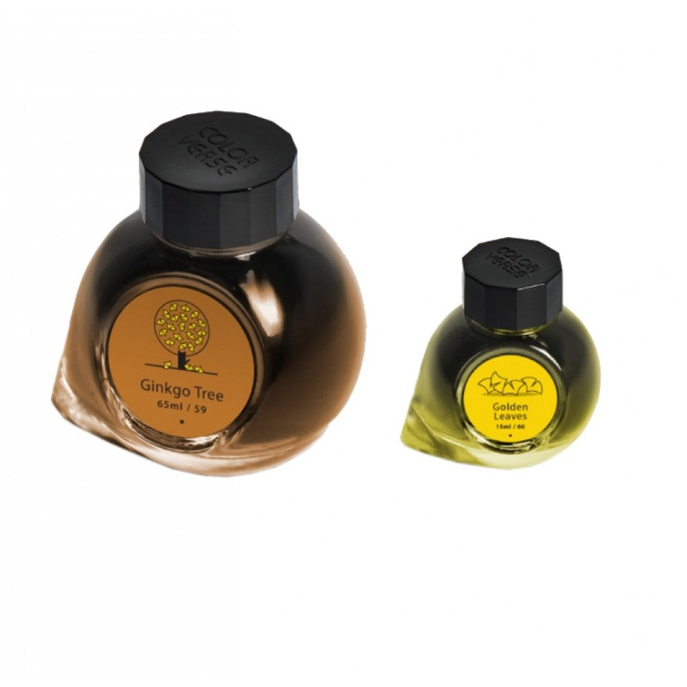 Colorverse | Earth Edition | Ginkgo Tree Light Brown | Golden Leaves Yellow | Fountain Pen Ink | 65ml and 15ml | 2 Bottle Set - penpencilink