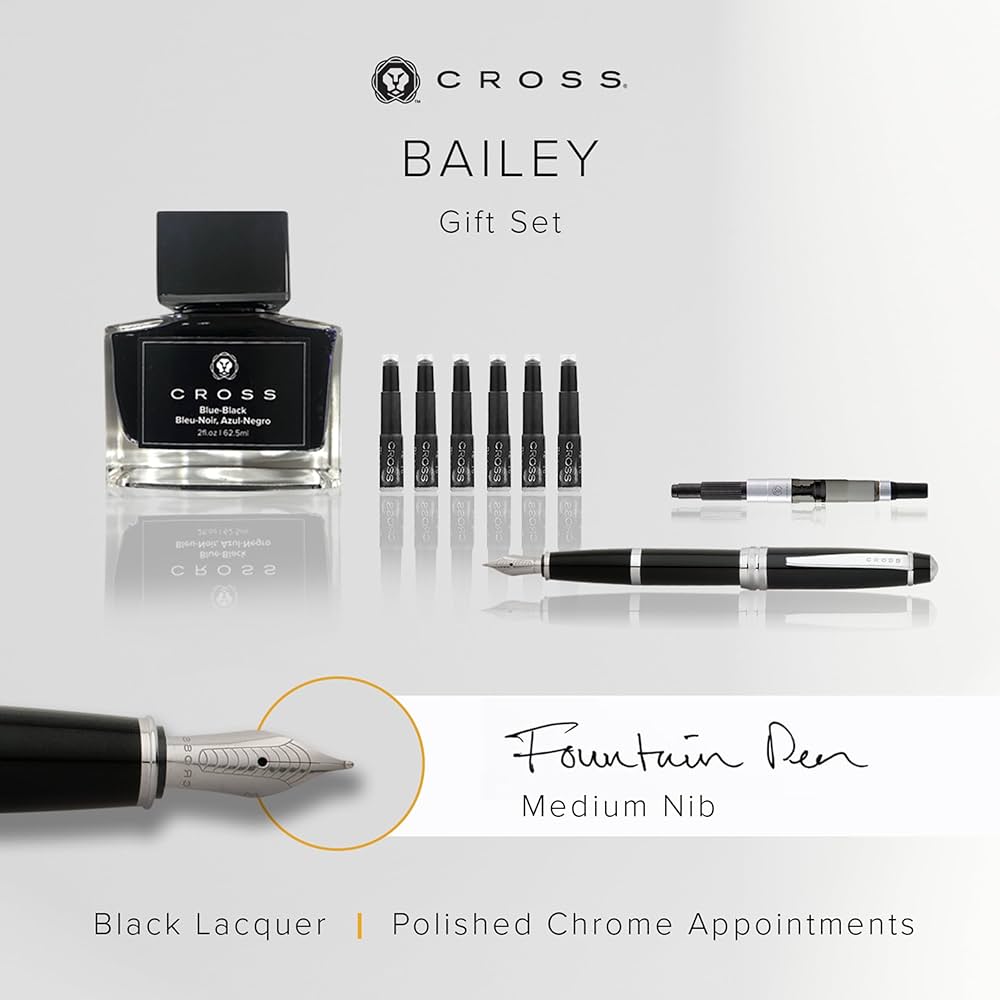 Cross |Bailey |Black Lacquer |Fountain Pen w/Chrome Appointments Gift Set| - Medium Nib