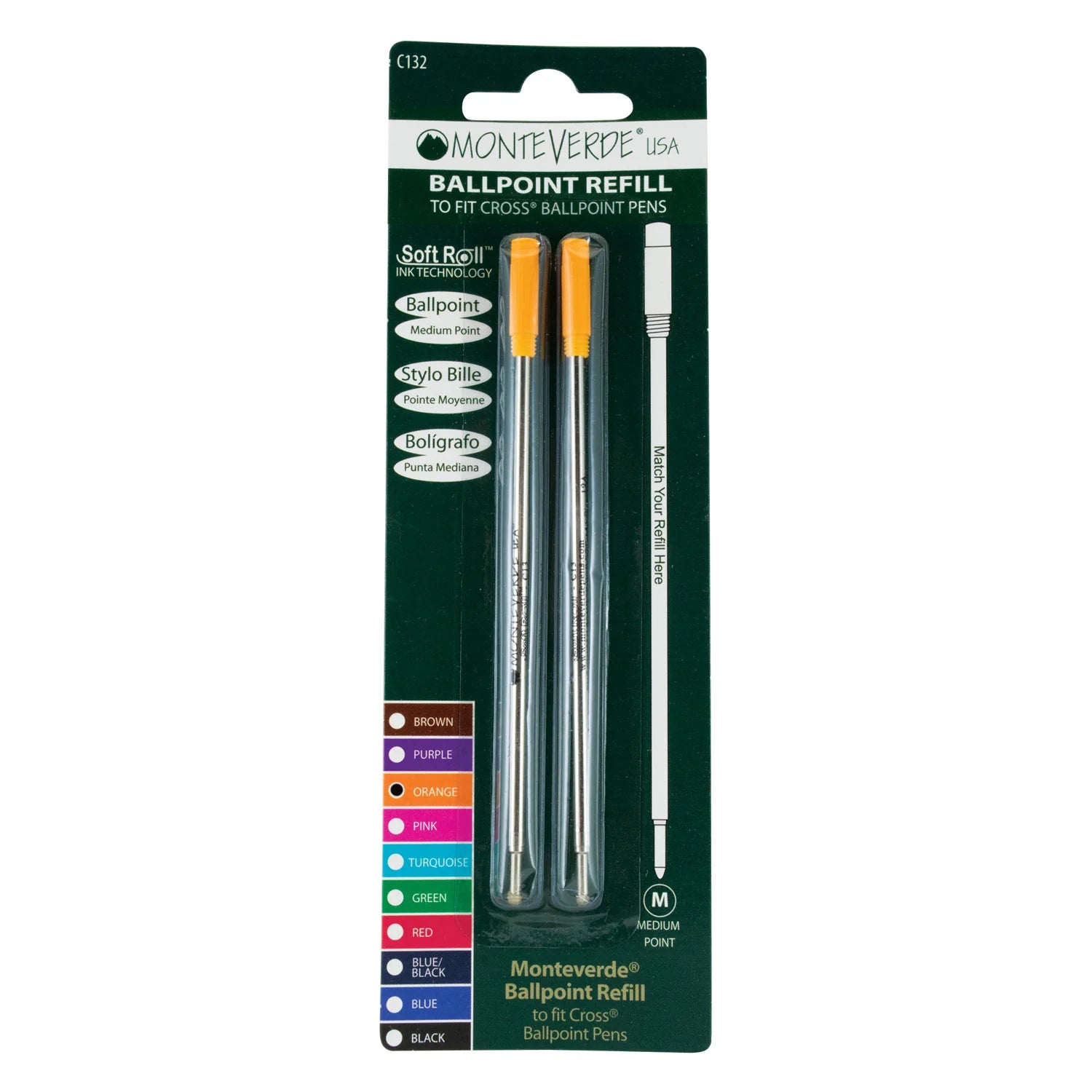 Monteverde | Ball Pen Refill | For Cross | - Orange (Medium) (Pack Of 2)