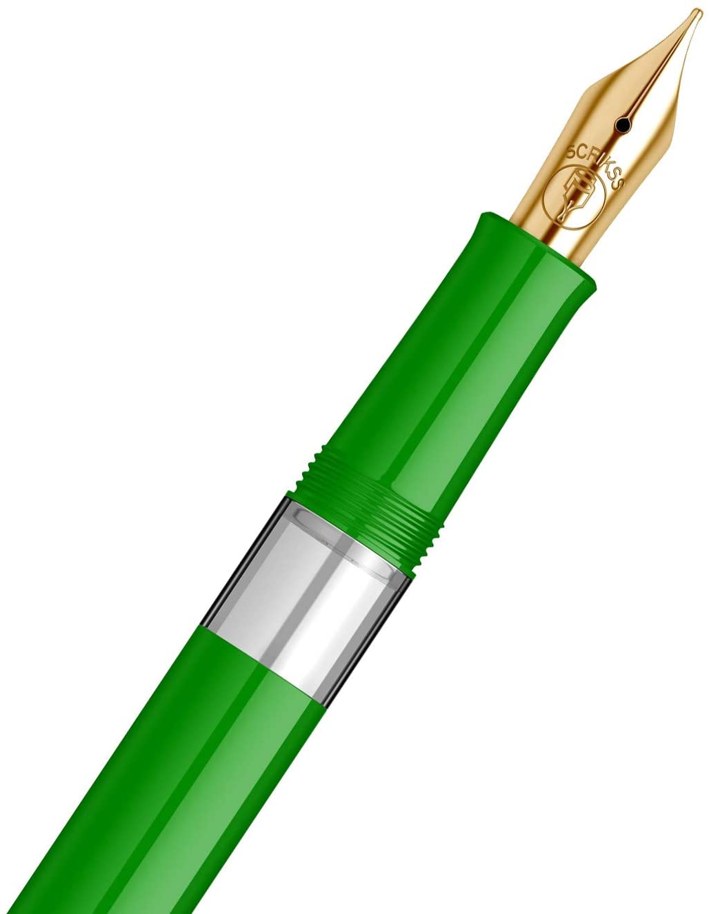 Scrikss 419 Legendary Fountain Ink Pen with Gold Plated Iridium Medium Nib Trims Scratch Resistant Acrylic Glossy Green Barrel Screw Cap, Piston