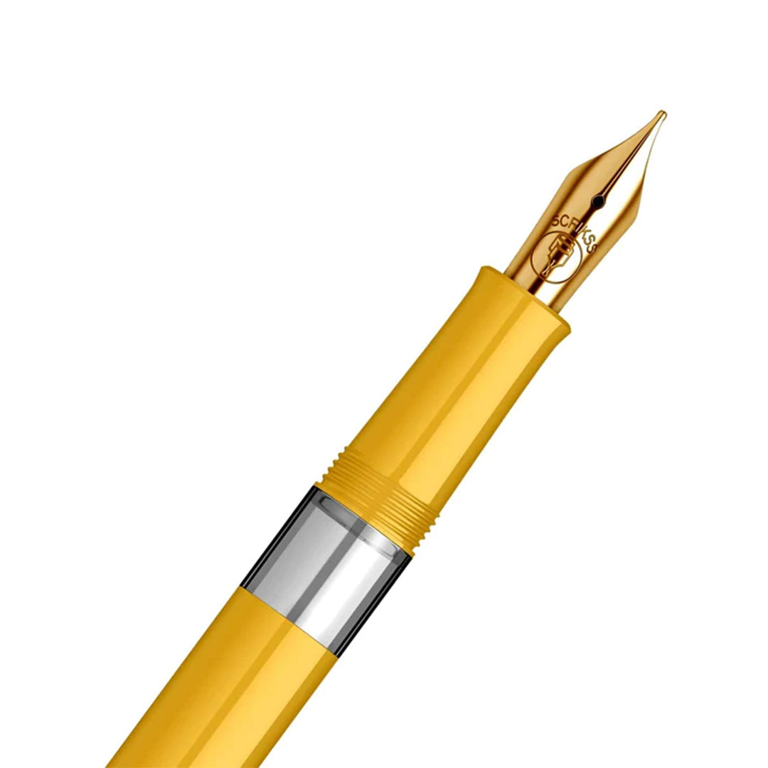 Scrikss 419 Legendary Fountain Ink Pen with Gold Plated Iridium Medium Nib Trims Scratch Resistant Acrylic Glossy Yellow Barrel Screw Cap, Piston